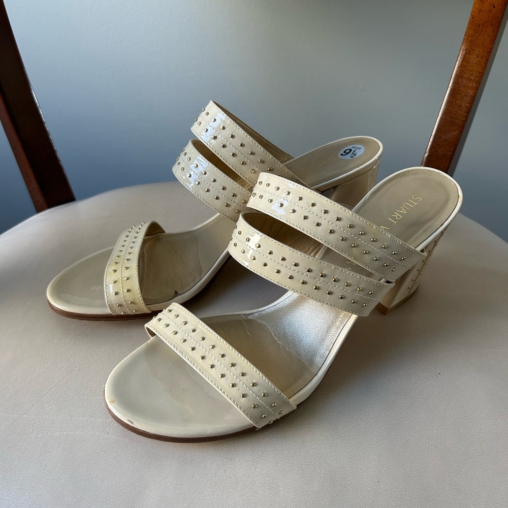 Stuart Weitzman Cream Studded Triple-Strap Block Heel Sandals